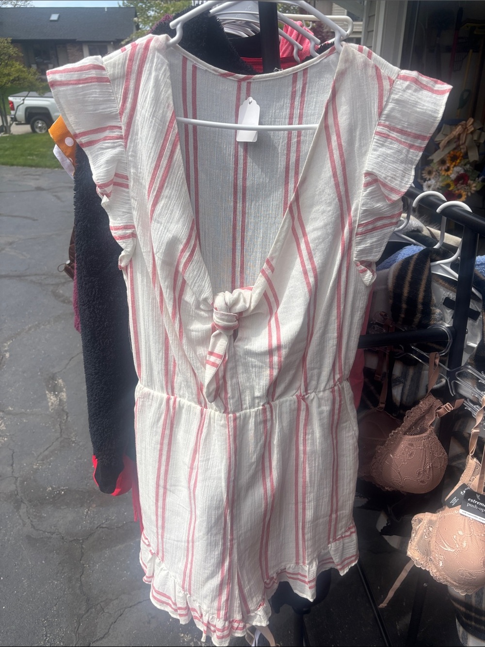 Striped Tie-Front Romper in White and Pink